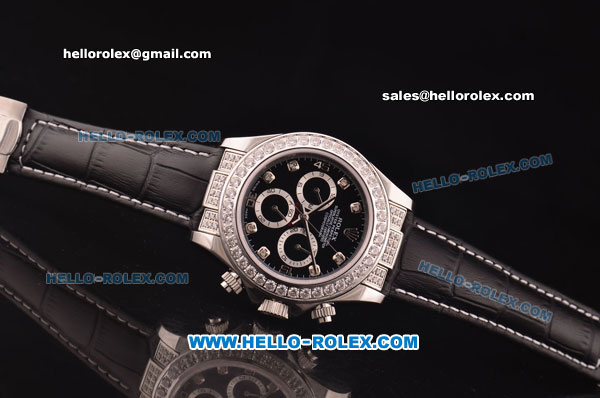Rolex Daytona Oyster Perpetual Date Asia 3836 Automatic White with Diamond Case,Black Dial and Diamond Marking-Leather Strap - Click Image to Close